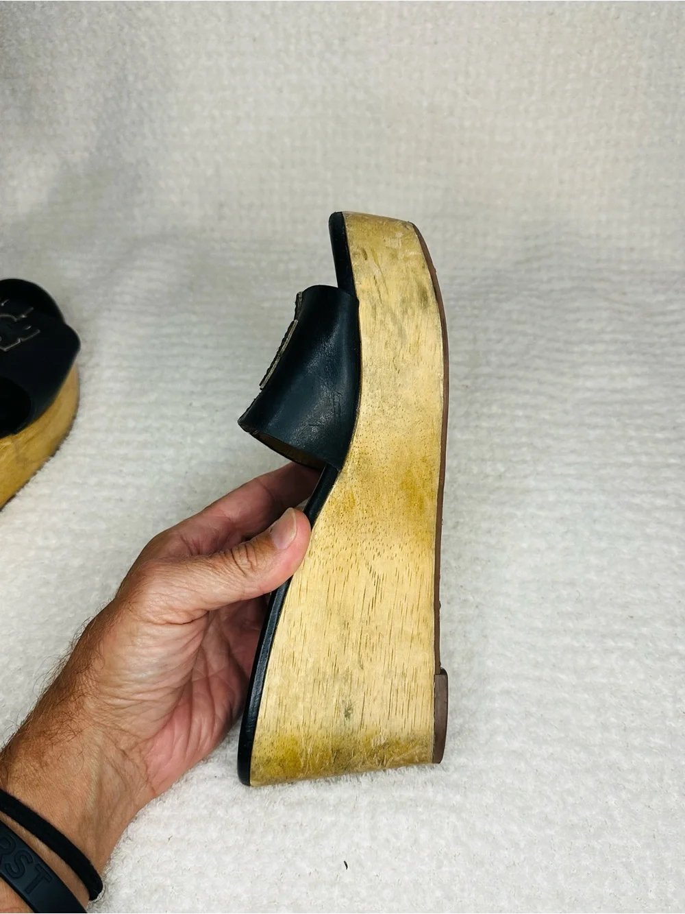 Tory Burch Black Leather Slide Wedge Mules with Logo Strap